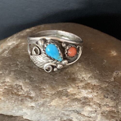 Navajo Blue Kingman Turquoise Coral Ring | Authentic Native American Sterling Silver | Multi-Stone | Sz 6.5 | 13575