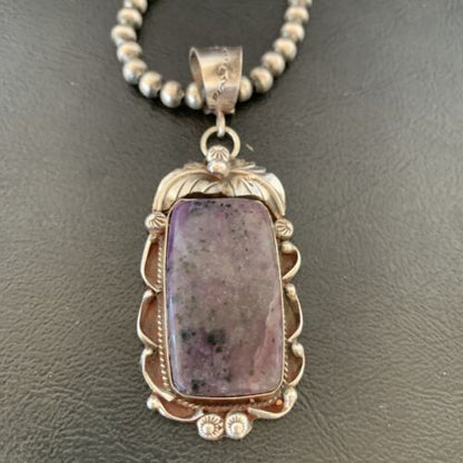 Navajo Pearls Necklace with Purple Sugilite Pendant | Sterling Silver | Authentic Native American Handmade | 10913