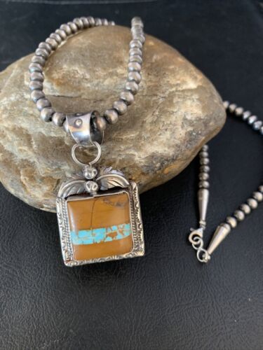 Men's Blue Boulder Turquoise Necklace Pendant | Sterling Silver | Navajo Handmade | 13767