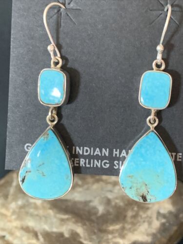 Kingman Turquoise Dangle Earrings | Navajo Sterling Silver | Authentic Native American Handmade | 14078