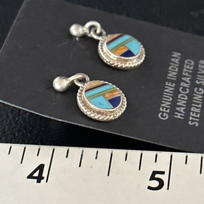 Navajo Multi-Color Turquoise Spiny Lapis Inlay Earrings | Sterling Silver | Authentic Native American Handmade | 14653