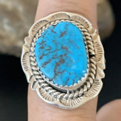 Southwestern Navajo Blue Kingman Turquoise Ring | Sterling Silver | Sz 9 | 12954