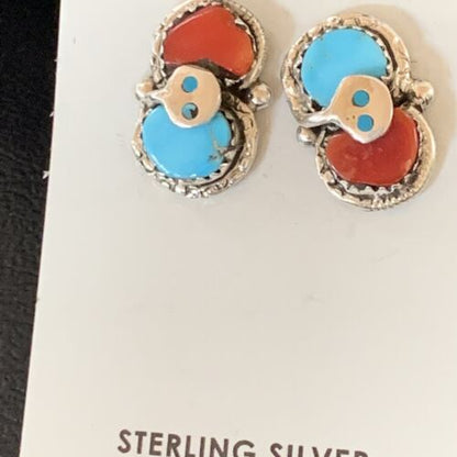 Zuni Snake Earrings | Blue Kingman Turquoise & Red Coral | Sterling Silver | Native American Handmade | 12041
