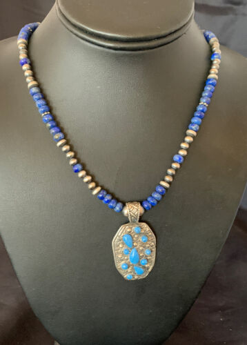 Navajo Sterling Silver Blue Denim Lapis Necklace Pendant | Multi-Stone | Authentic Native American Handmade | 12262