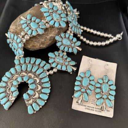 Navajo Blue Turquoise Squash Blossom Necklace & Earrings | Sterling Silver | Authentic Native American Handmade | 14483