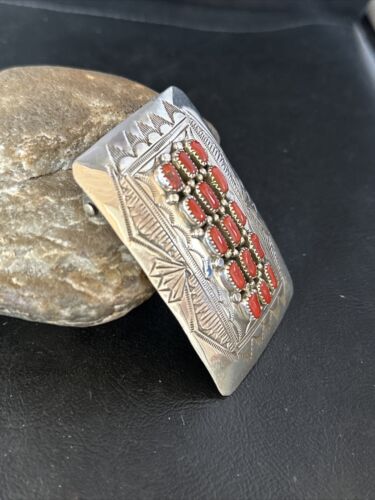 Navajo Red Coral Belt Buckle Concho | Sterling Silver | Authentic Native American Handmade | 14798