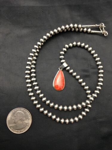 Navajo Red Spiny Oyster Pendant Necklace | Sterling Silver | Authentic Native American Handmade | 4414