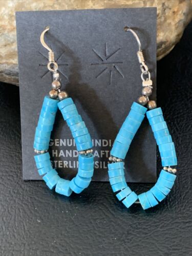 Navajo Turquoise Heishi Sterling Silver Pearls Beads Earrings | 1.5" | Authentic Native American Handmade | 13044
