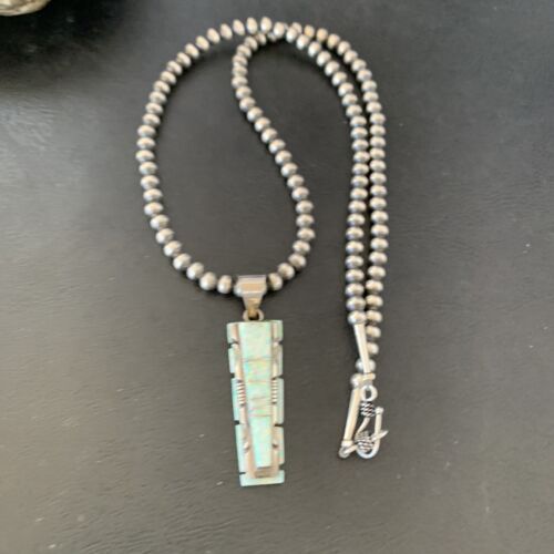 Navajo White Opal Inlay Pendant | Sterling Silver | 2" | Authentic Native American Handmade | 10917