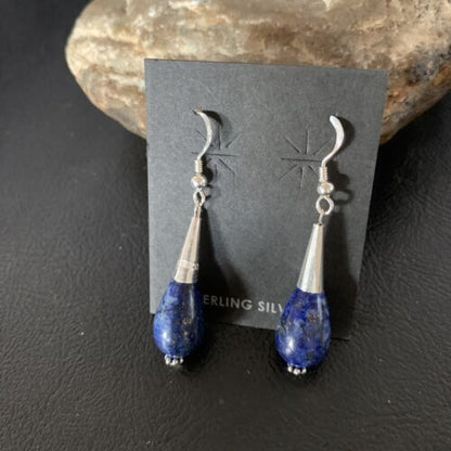 Navajo Lapis Lazuli Bead Dangle Earrings | Sterling Silver | 1" | Authentic Native American Handmade | 13330