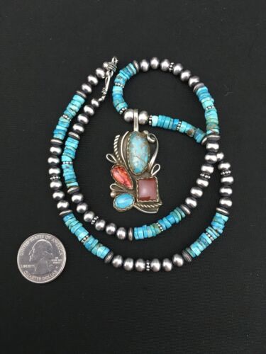 Navajo Turquoise & Spiny Oyster Pendant Necklace | Sterling Silver | 20" | Authentic Native American Handmade | 4836