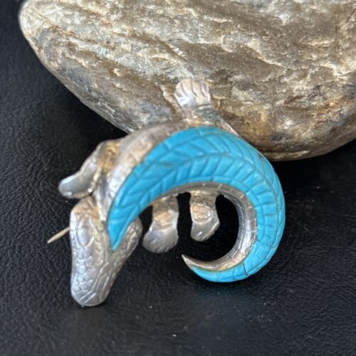 Navajo White & Blue Turquoise Lizard Pin Pendant | Sterling Silver Gecko Inlay | Native American Handmade | 14510