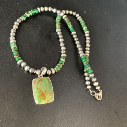 Navajo Pearls Green Mojave Turquoise Pendant Necklace | Sterling Silver | Native American Handmade | 13462