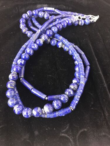 Native American Denim Lapis Necklace | 3 Strand Sterling Silver Tube Bead | 22" | 3869