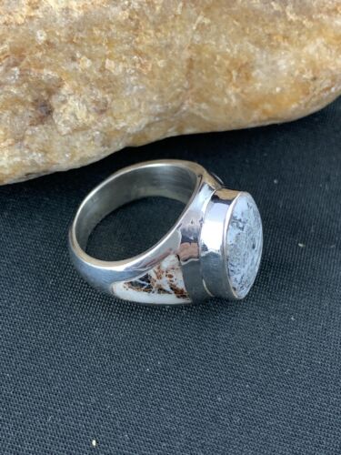 Navajo White Buffalo Turquoise Inlay Ring | Sterling Silver | Sz 8.5 | Authentic Native American Handmade | 4948