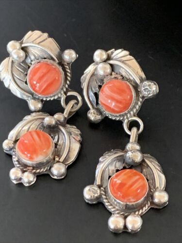 Navajo Red Spiny Oyster Dangle Earrings | Sterling Silver | Authentic Native American Handmade | 2059