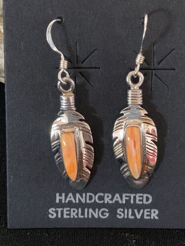 Navajo Orange Spiny Oyster Feather Earrings Set | Sterling Silver | Authentic Native American Handmade | 2741