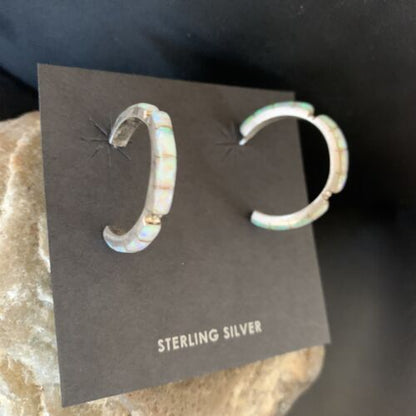 Native American Navajo Hoop Earrings Set | Sterling Silver White Opal | 12772
