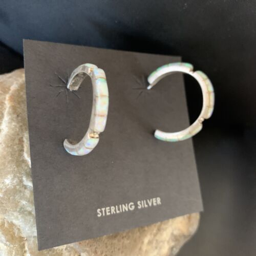 Native American Navajo Hoop Earrings Set | Sterling Silver White Opal | 12772