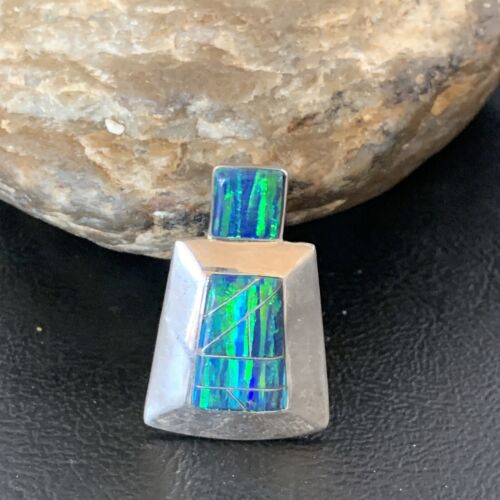 Authentic Native American Navajo Sterling Silver Blue Opal Inlay Pendant | Handmade Jewelry | 13334