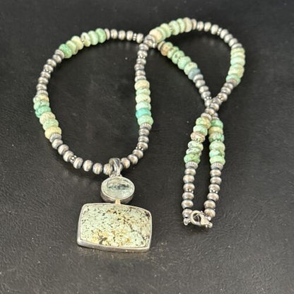 Navajo Pearls Necklace with Wild Horse Turquoise Pendant | Sterling Silver | Authentic Native American Handmade | 13906