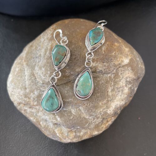Navajo Royston Turquoise Dangle Earrings | Green Handmade | Sterling Silver | Authentic Native American | 1588