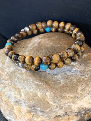 Stainless Steel Memory Wire Bracelet | Tiger's Eye & Turquoise | Southwestern Navajo Style | 1419