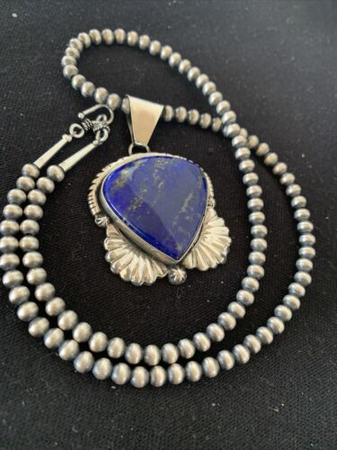 Native American Men's Navajo Pearls Necklace Pendant | Sterling Silver Blue Lapis | 01540