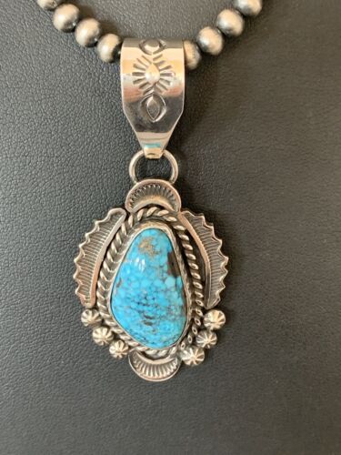 Navajo Spiderweb Kingman Turquoise Pendant Necklace | Sterling Silver | Authentic Native American Handmade | 688