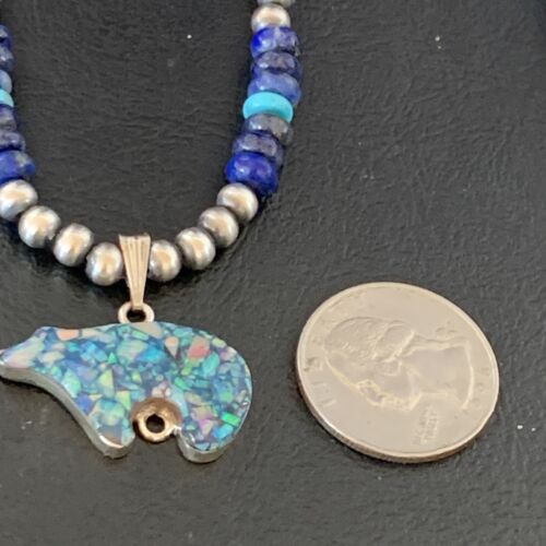 Navajo Bear Pendant | Blue Lapis, Turquoise, Opal | Sterling Silver Necklace | 22" | 13362