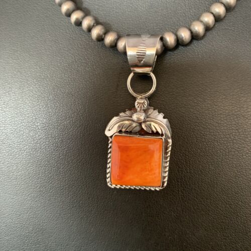 Navajo Orange Spiny Oyster Pendant | Sterling Silver Square Necklace | Authentic Native American Handmade | 13641