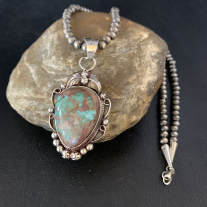 Men's Navajo Green Royston Turquoise Pendant Necklace | Sterling Silver | Authentic Native American Handmade | 13662 - Masha USA