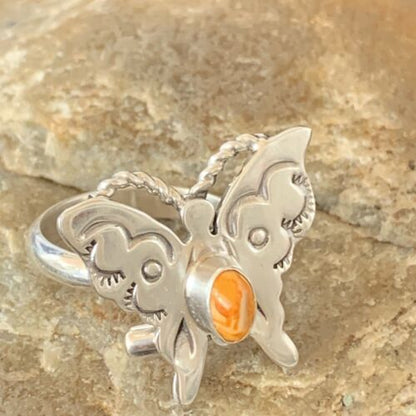 Navajo Orange Spiny Oyster Butterfly Ring | Sterling Silver | Sz Adj 8 | Authentic Native American Handmade | 10350