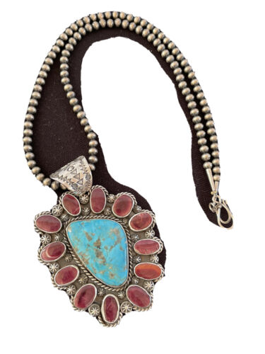 Navajo Purple Spiny Oyster & Turquoise Pendant Necklace | Sterling Silver | Authentic Native American Handmade | 01117