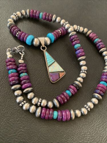 Navajo Purple Sugilite Turquoise Inlay Pendant | Sterling Silver Necklace | Authentic Native American Handmade | 02086