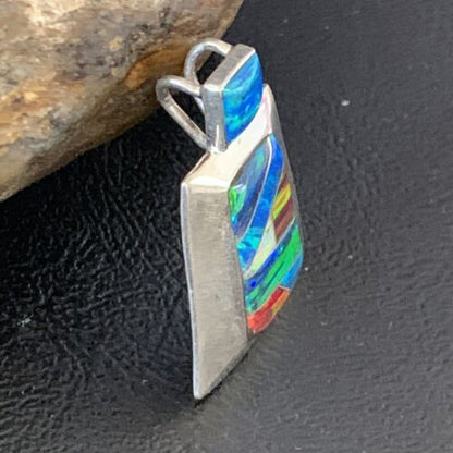 Navajo Blue Red Opal Inlay Pendant | Sterling Silver | Authentic Native American Handmade | 13340