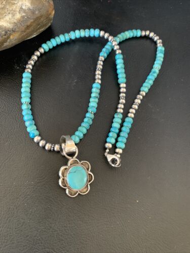 Navajo Blue Turquoise Pendant Necklace | Sterling Silver Pearls | Authentic Native American Handmade | 13218