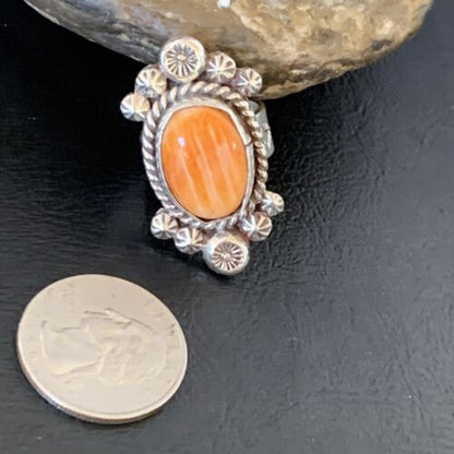 Navajo Orange Spiny Oyster Ring | Sterling Silver | Sz 7 | Authentic Native American Handmade | 13355