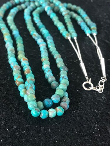 Navajo Turquoise Bead Necklace | 2 Strand | Sterling Silver | 19" | Authentic Native American Handmade | 8562