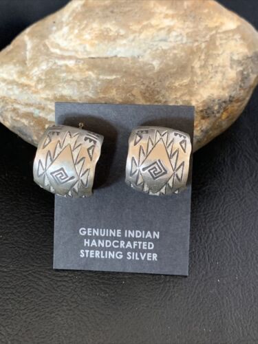 Old Pawn Women's Stamped Design Hoop Stud Earrings | Sterling Silver | 1" | 13006