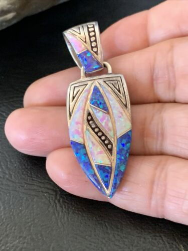 Authentic Native American Navajo Sterling Silver Pendant | Pink & Blue Opal Inlay | Handmade Jewelry | 12479