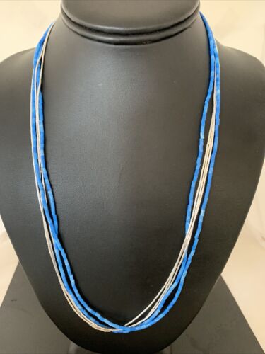 Navajo Denim Lapis Tube Beads Necklace | 5-Strand Liquid Silver Heishi | Sterling Silver | 02179