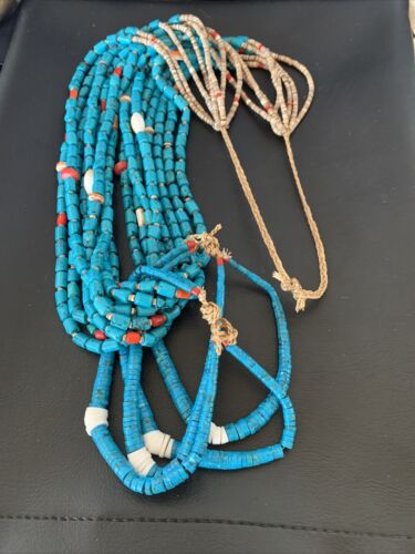 Southwestern Santo Domingo Coral Spiny Blue Turquoise Jacla Necklace | 32" | Native American Handmade | 12047
