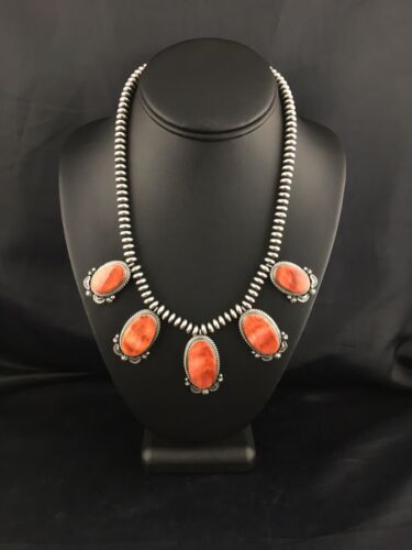Navajo Red Spiny Oyster Pendant Squash Necklace | Sterling Silver | 16" | Authentic Native American Handmade | 4536