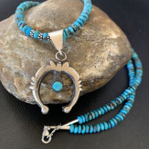 Navajo Sterling Silver Blue Turquoise Pendant Necklace | 6mm Beads | 24" | Authentic Native American Handmade | 12776