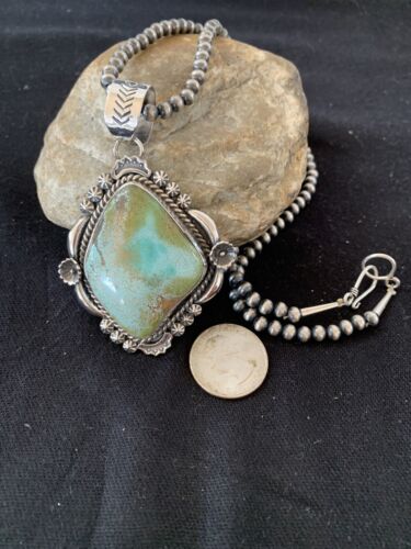 Men's Navajo Pearls Necklace with Royston Turquoise Pendant | Sterling Silver | Native American Handmade | 522
