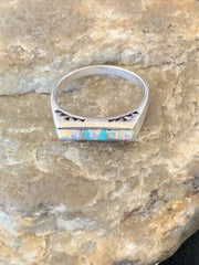 Southwestern Women's Navajo Blue Turquoise White Opal Inlay Ring | Sz 7 | 11151