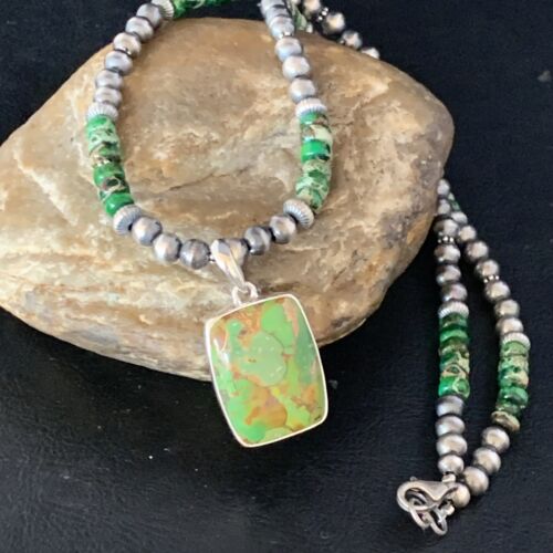 Navajo Pearls Green Mojave Turquoise Pendant Necklace | Sterling Silver | Native American Handmade | 13462