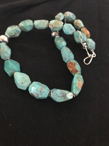 Navajo Turquoise Chunky Bead Faceted Necklace | Sterling Silver | Authentic Native American Handmade | 20" | 3367