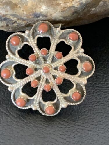 Old Pawn Zuni Sterling Silver Turquoise Red Coral Brooch Pin | 1.25" | 12558